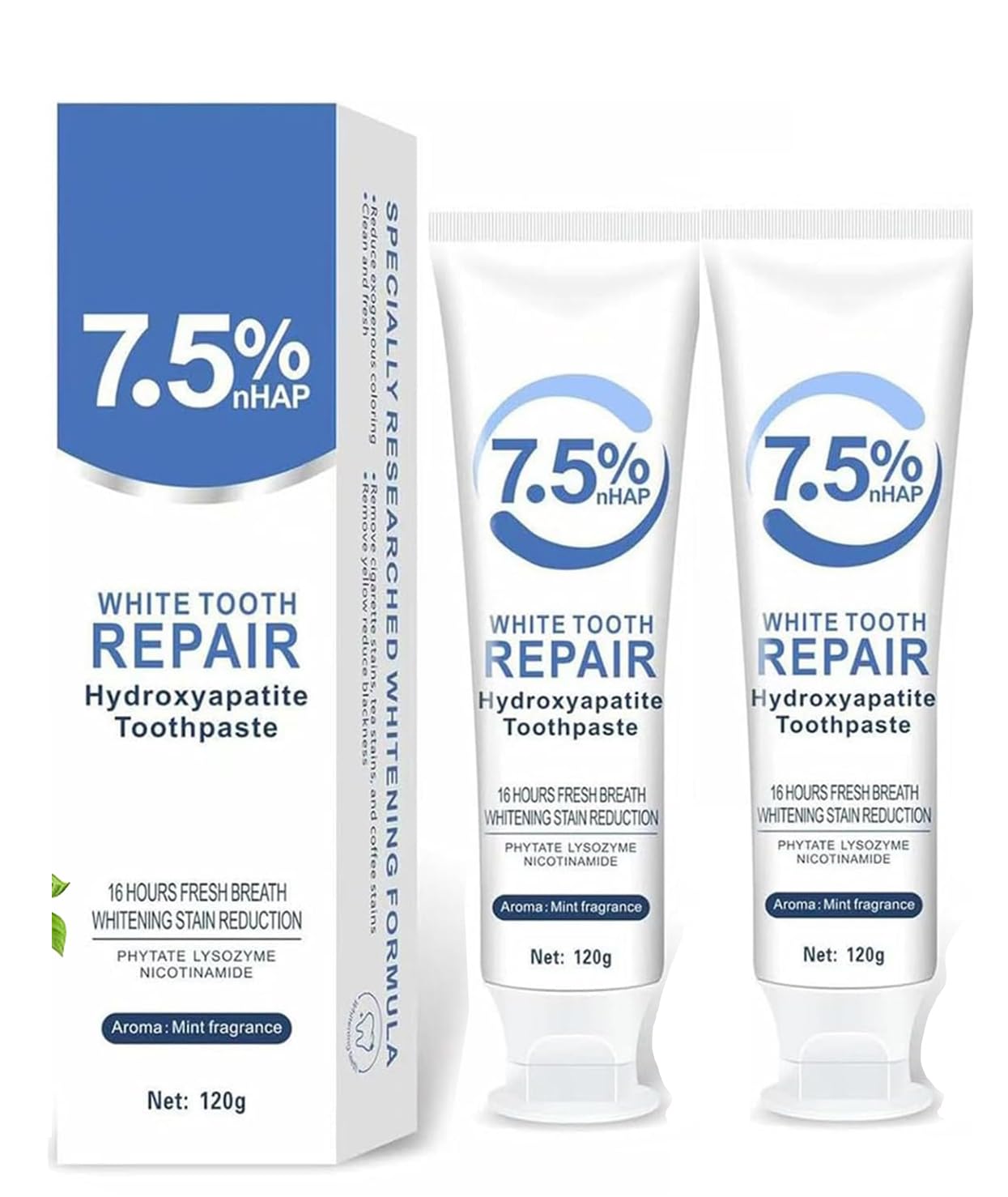 Front view of 7.5% hydroxyapatite toothpaste 2-pack tubes