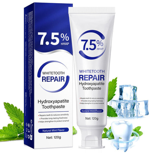 Bottle of 7.5% hydroxyapatite toothpaste on a bathroom counter