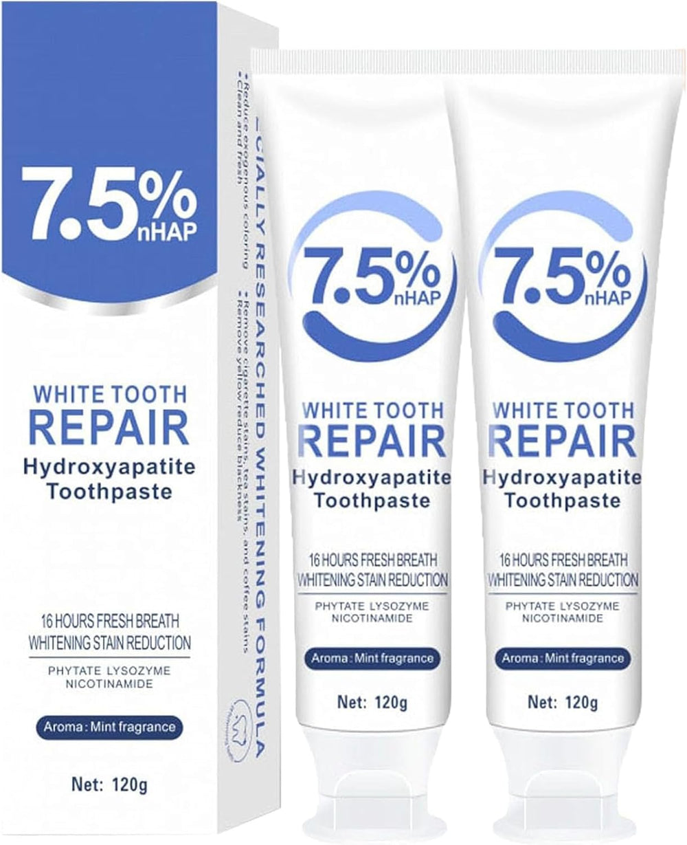 7.5% Hydroxyapatite toothpaste hero image with tube