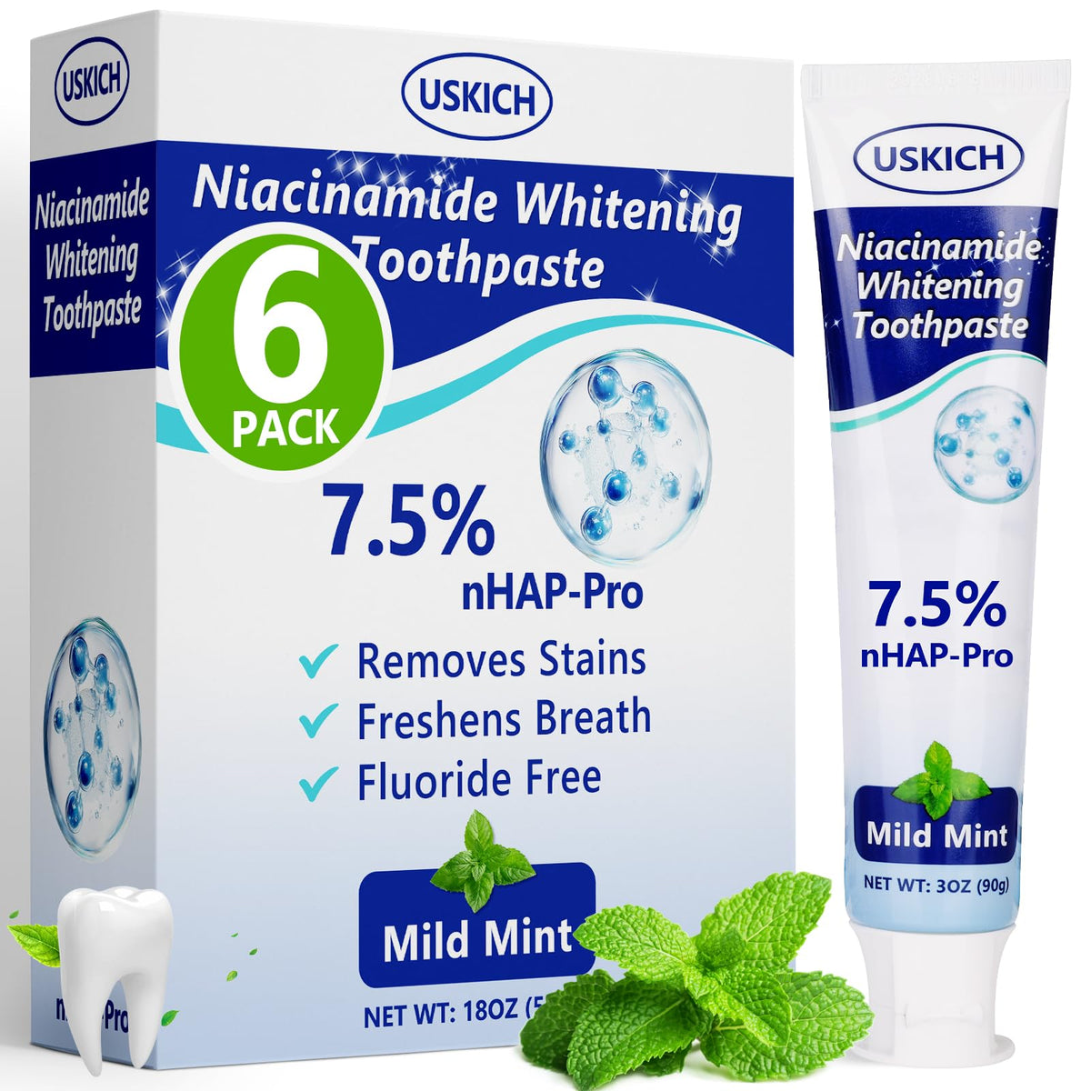 Front view of 6-pack nano hydroxyapatite toothpaste