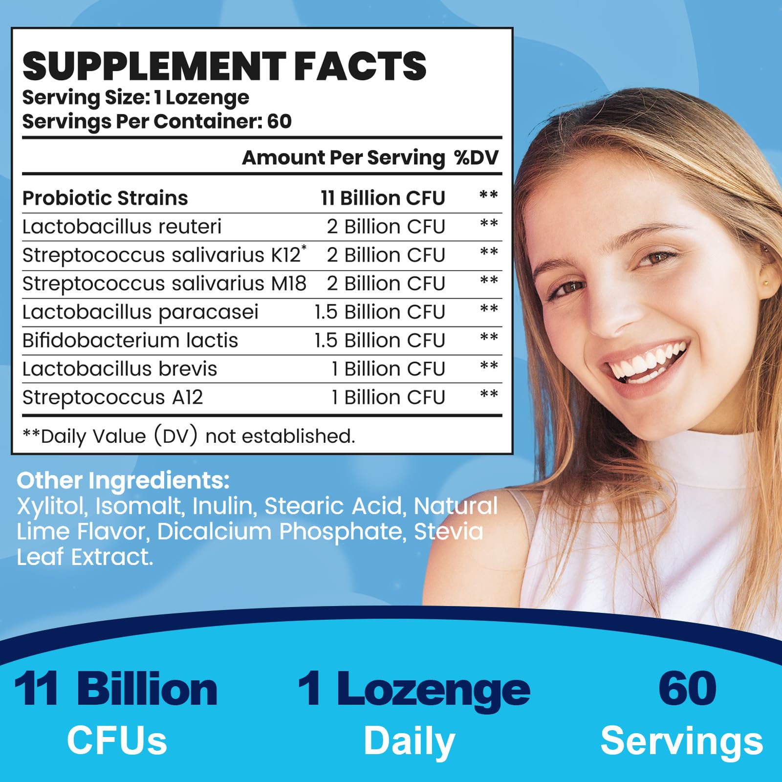 Label highlighting 7 strains and 11 billion CFU per serving