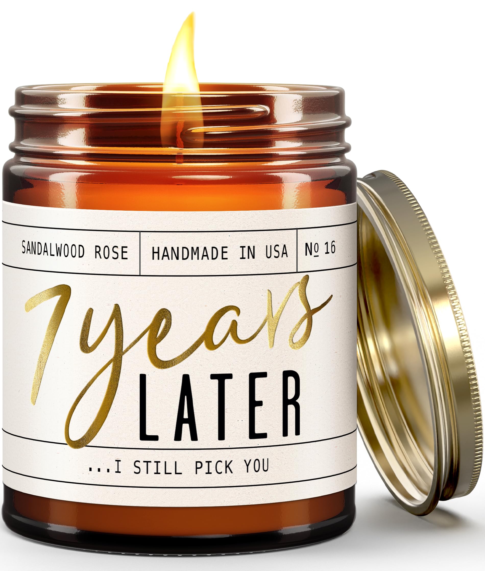 Front view of 7-year anniversary gift for her soy candle