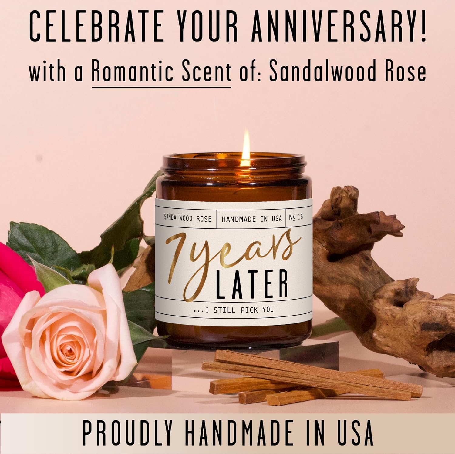 Close-up of '7 Years Later' label on soy candle