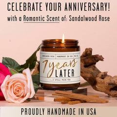 Close-up of '7 Years Later' label on soy candle
