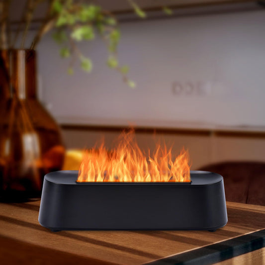 7Color Aroma Diffuser with Remote in black finish, front view showing fireplace flame design