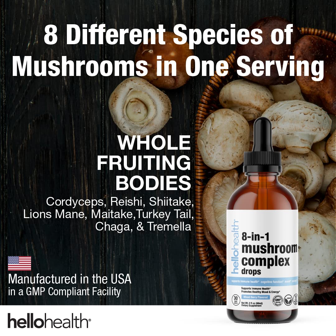 Front view of 8-in-1 Mushroom Liquid Drops packaging