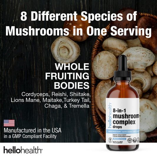 Front view of 8-in-1 Mushroom Liquid Drops packaging