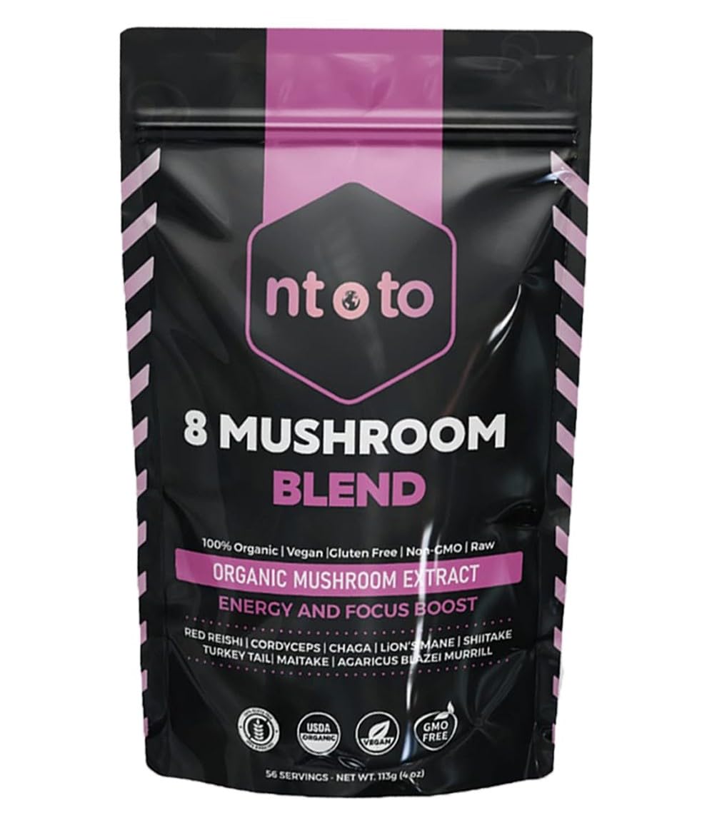 Bottle of 8 Mushroom Blend Organic Extract with eight mushroom ingredients visible