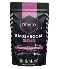 Bottle of 8 Mushroom Blend Organic Extract with eight mushroom ingredients visible