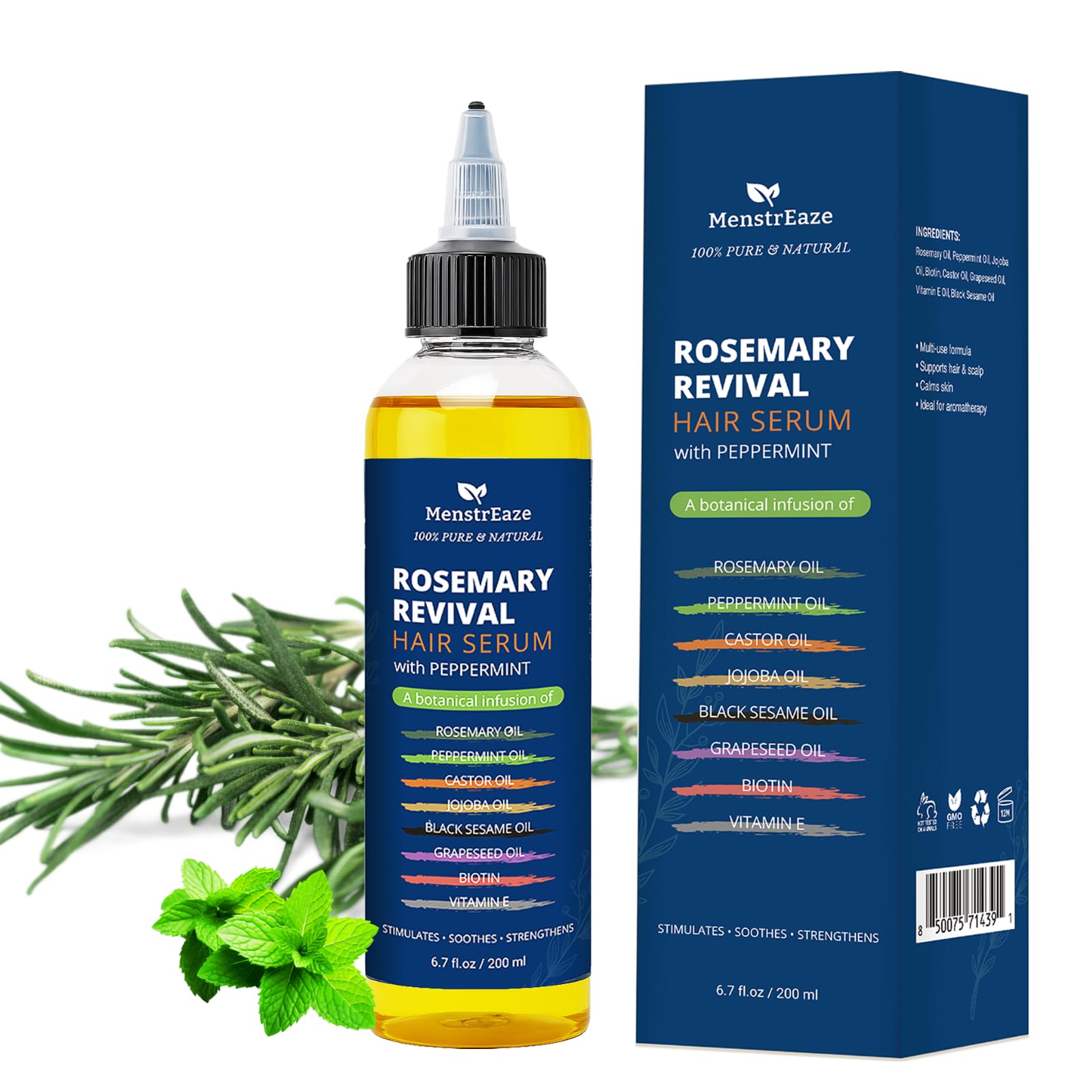 Hero image showing 6.7 oz bottle of 8-oil hair growth oil with rosemary and peppermint