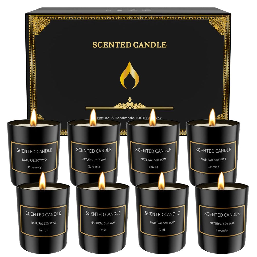 Front view of the 8-pack scented candles set for men