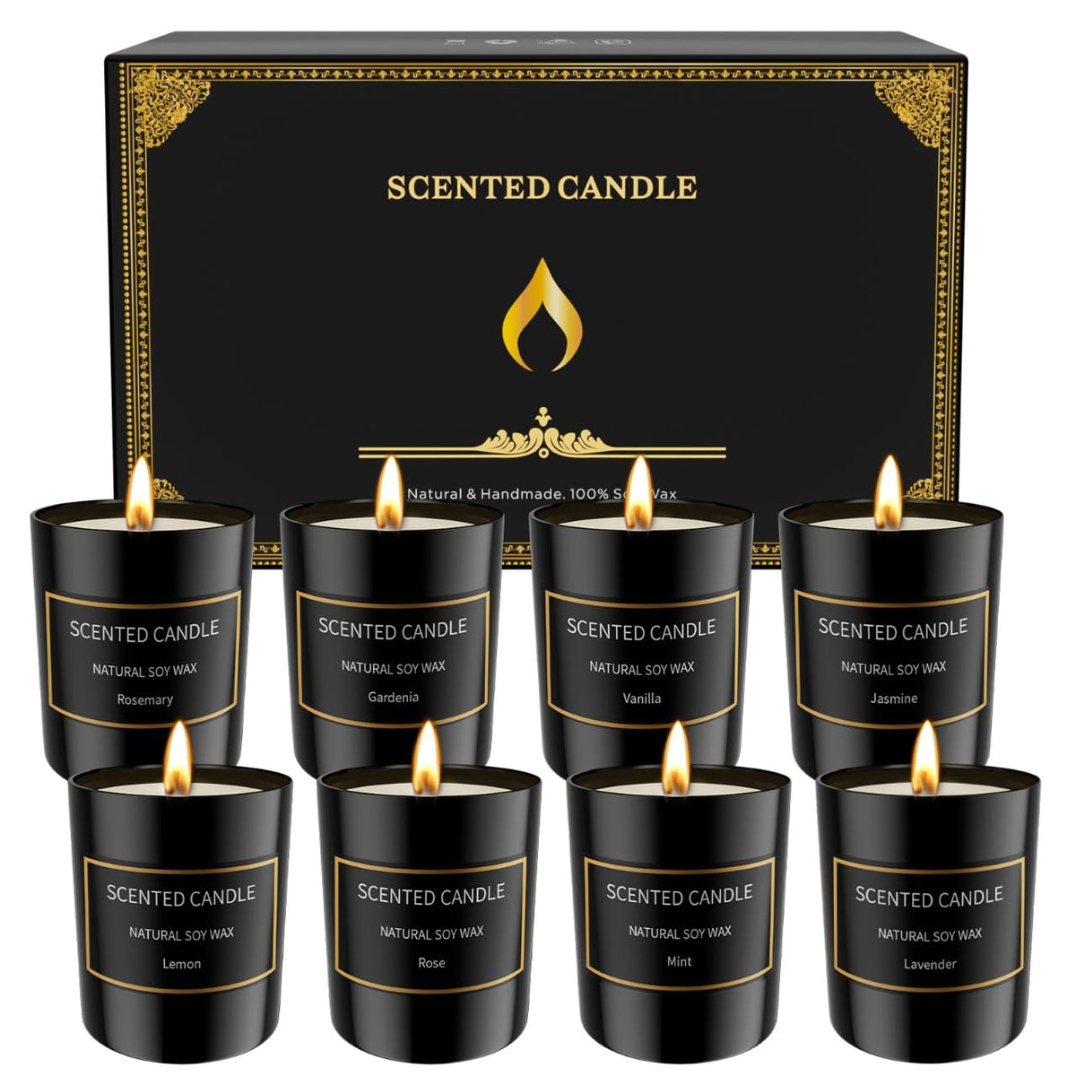 Front view of the 8-pack scented candles set for men