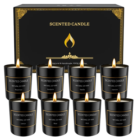 Front view of the 8-pack scented candles set for men