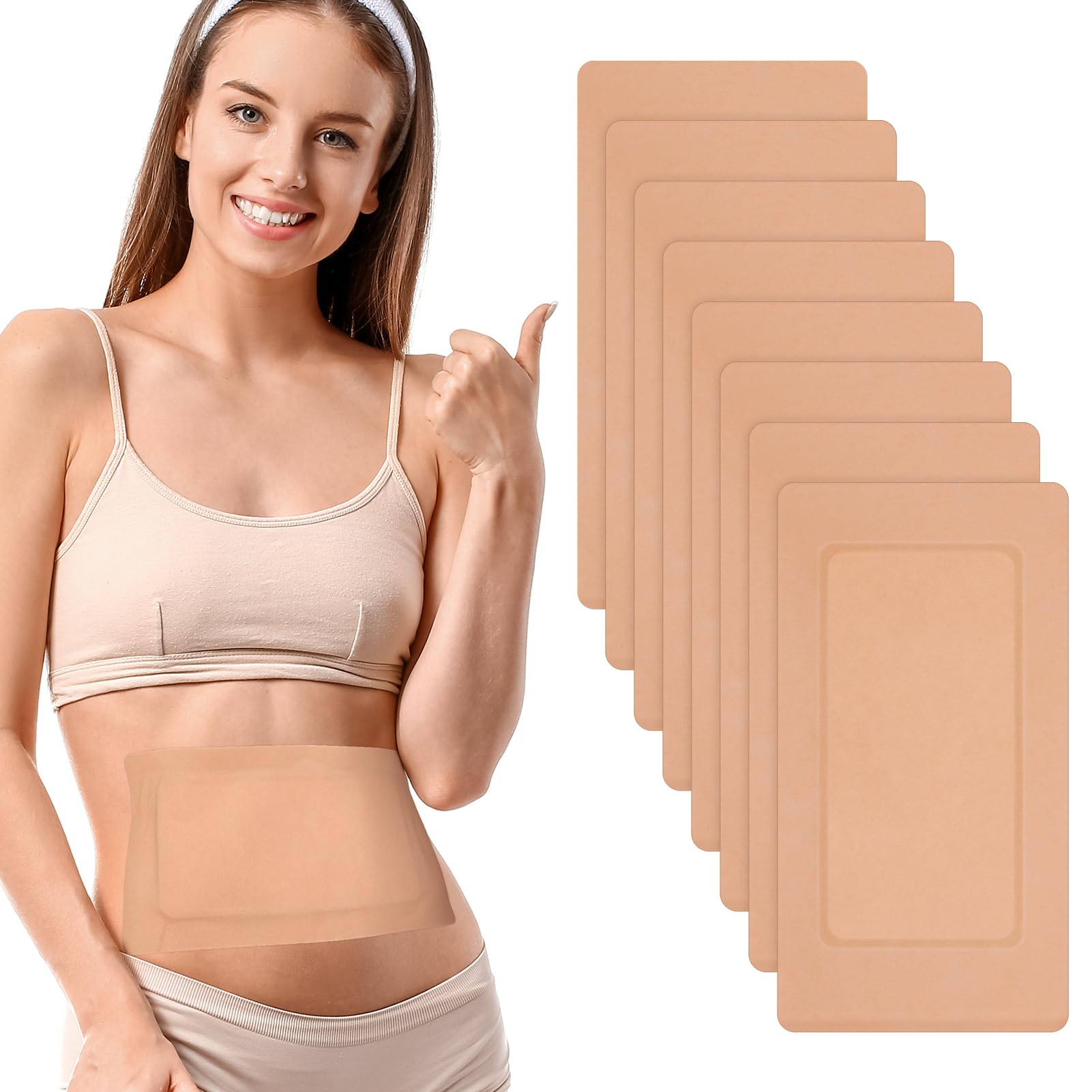 Eight-piece castor oil patches laid out showing patch size