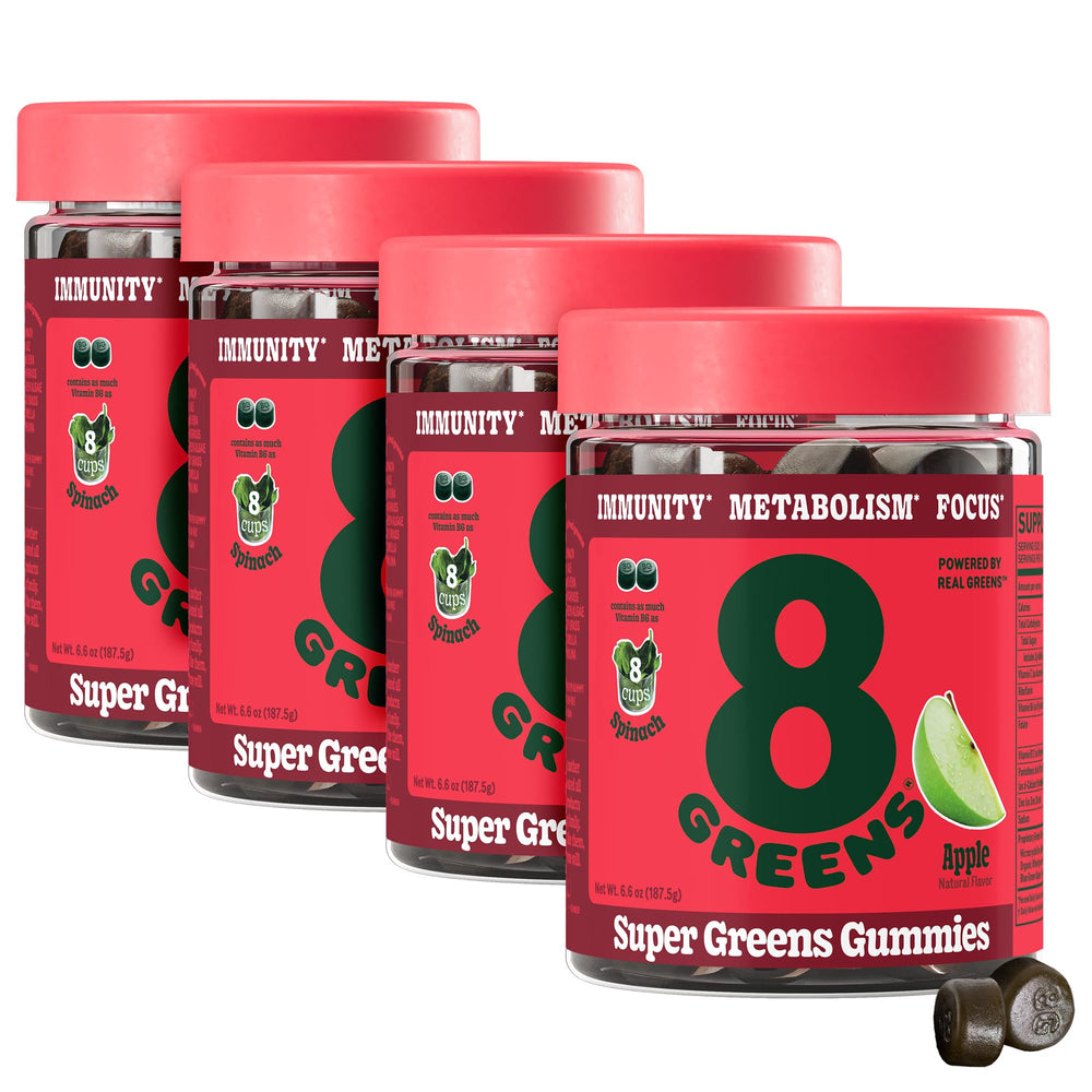 8Greens Supergreens Gummies packaging shows a convenient daily greens option.