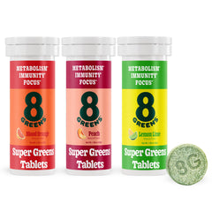 Illustration of the 8 greens ingredients: spinach, wheatgrass, kale, blue-green algae, spirulina, aloe vera, chlorella, barley grass