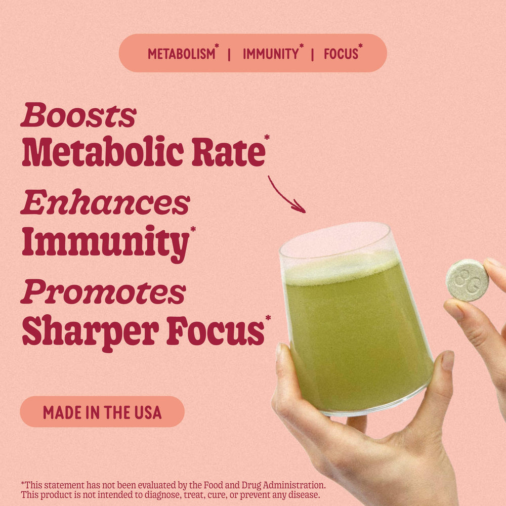 Close-up of 8Greens Supergreens Tablets highlighting metabolism immunity and focus