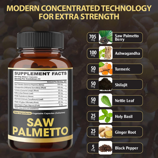 Close-up of 8in1 Saw Palmetto bottle and capsules