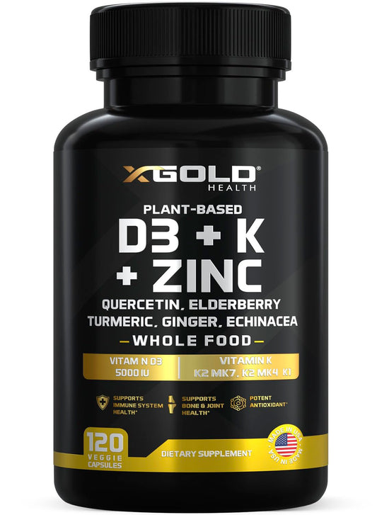 8-in-1 vitamin supplement bottle with D3 5000 IU, K2 MK7/MK4/K1, zinc, quercetin, elderberry, turmeric, ginger, and echinacea