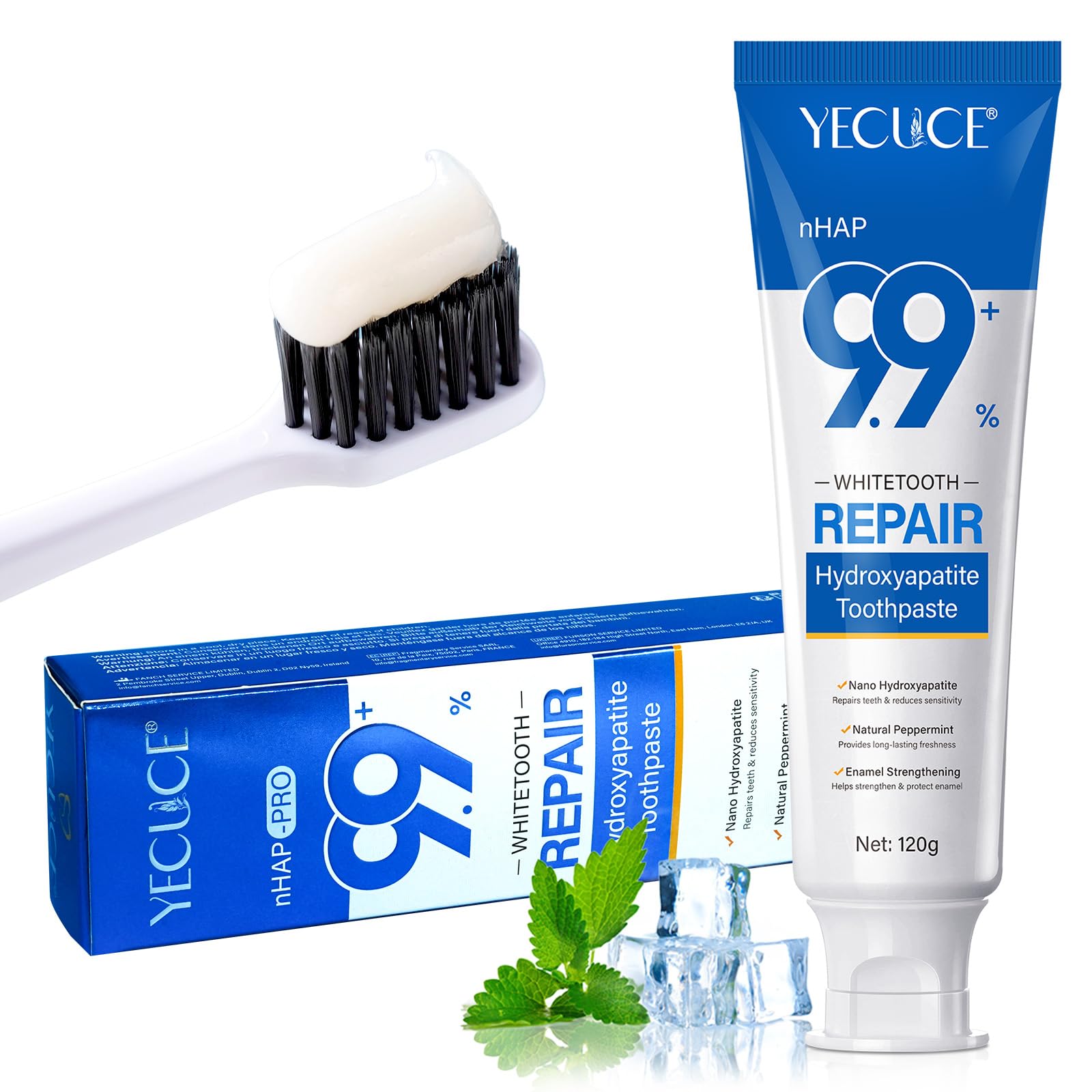 Front view of 9.9% hydroxyapatite toothpaste packaging (120g)