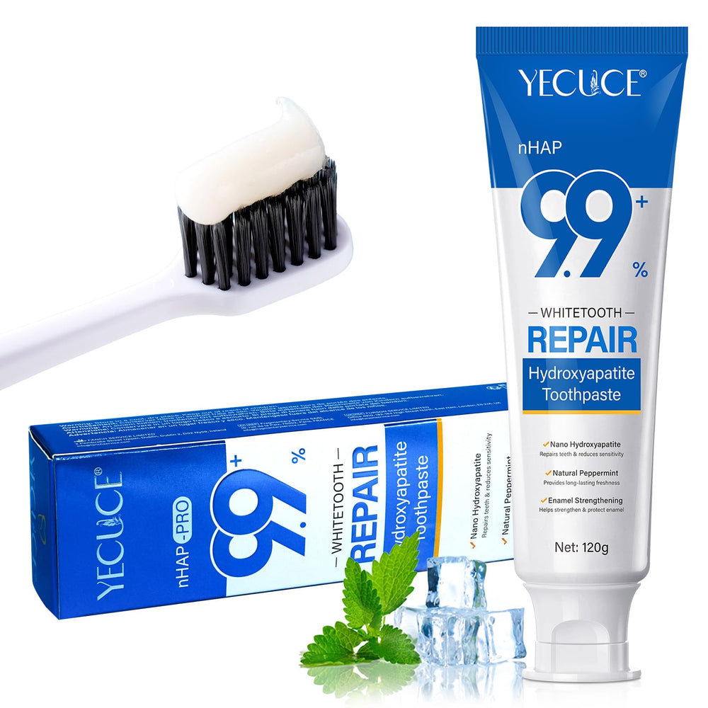 Front view of 9.9% hydroxyapatite toothpaste packaging (120g)