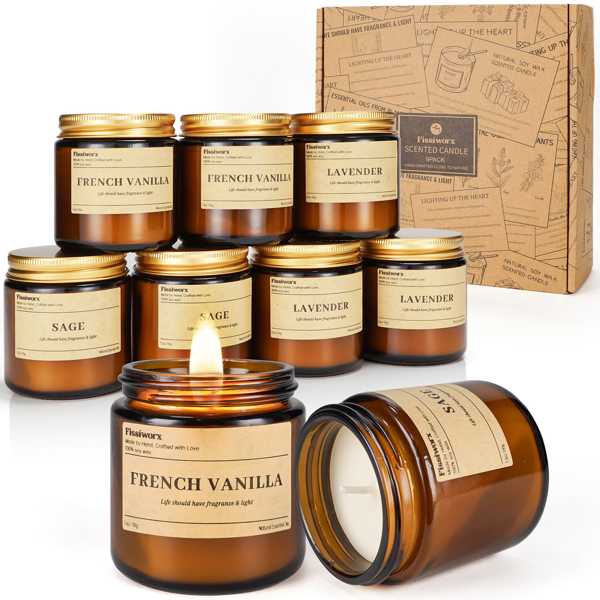 Nine vanilla-scented soy candles in amber jars (3-pack)