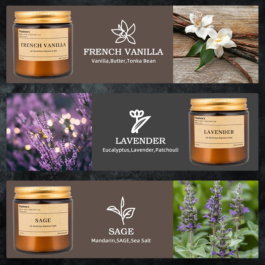 Three lavender-scented soy candles in amber jars (3-pack)