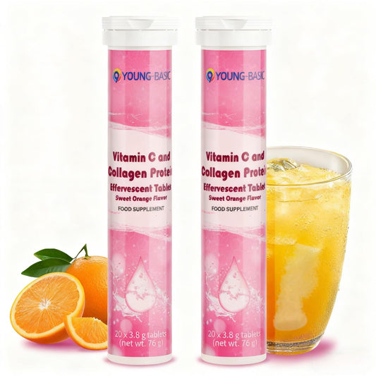 Bottle of 9 YOUNG-BASIC Vitamin C & Collagen effervescent tablets with orange flavor