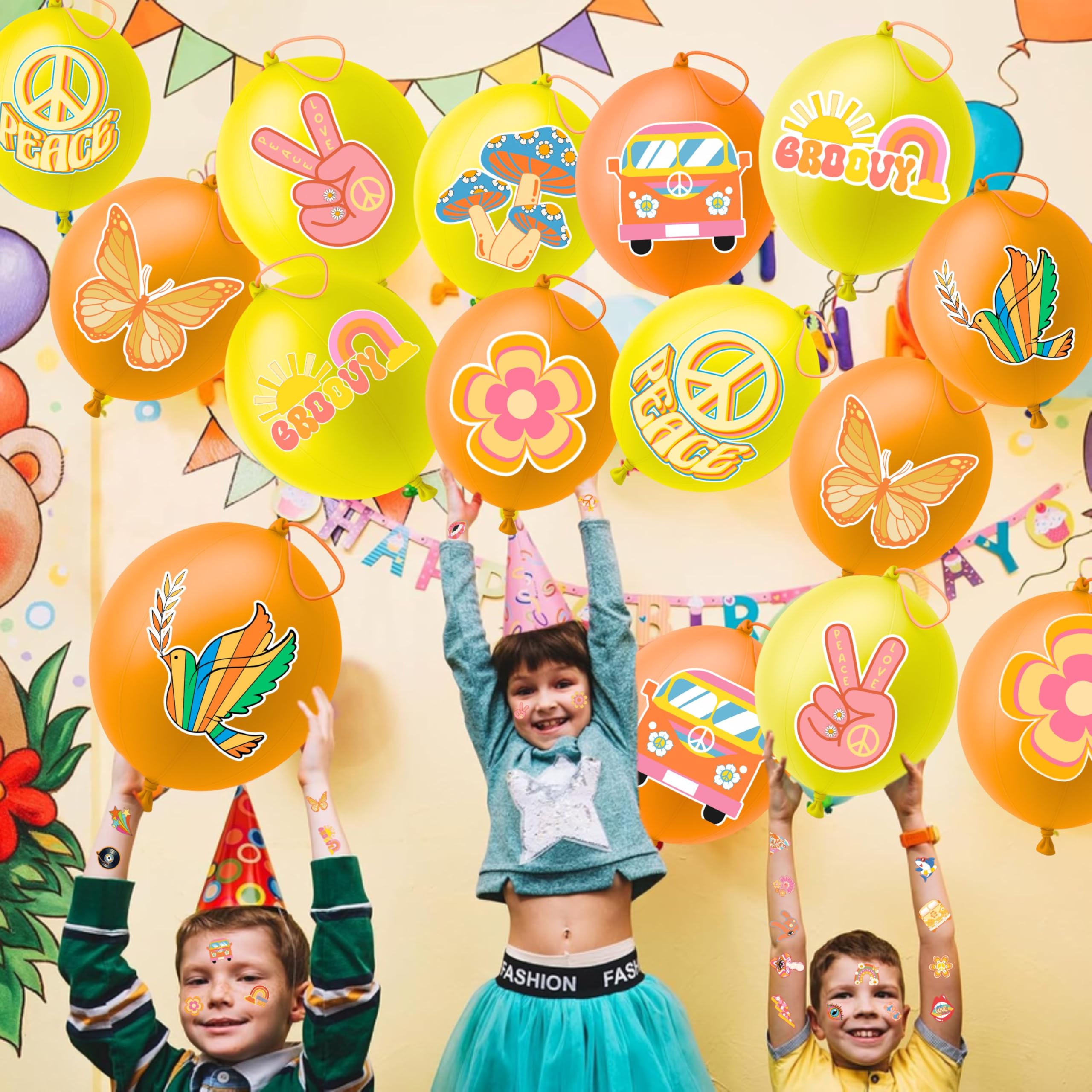 91BALLOONS pre-cut groovy tattoos designs for quick, mess-free application at parties