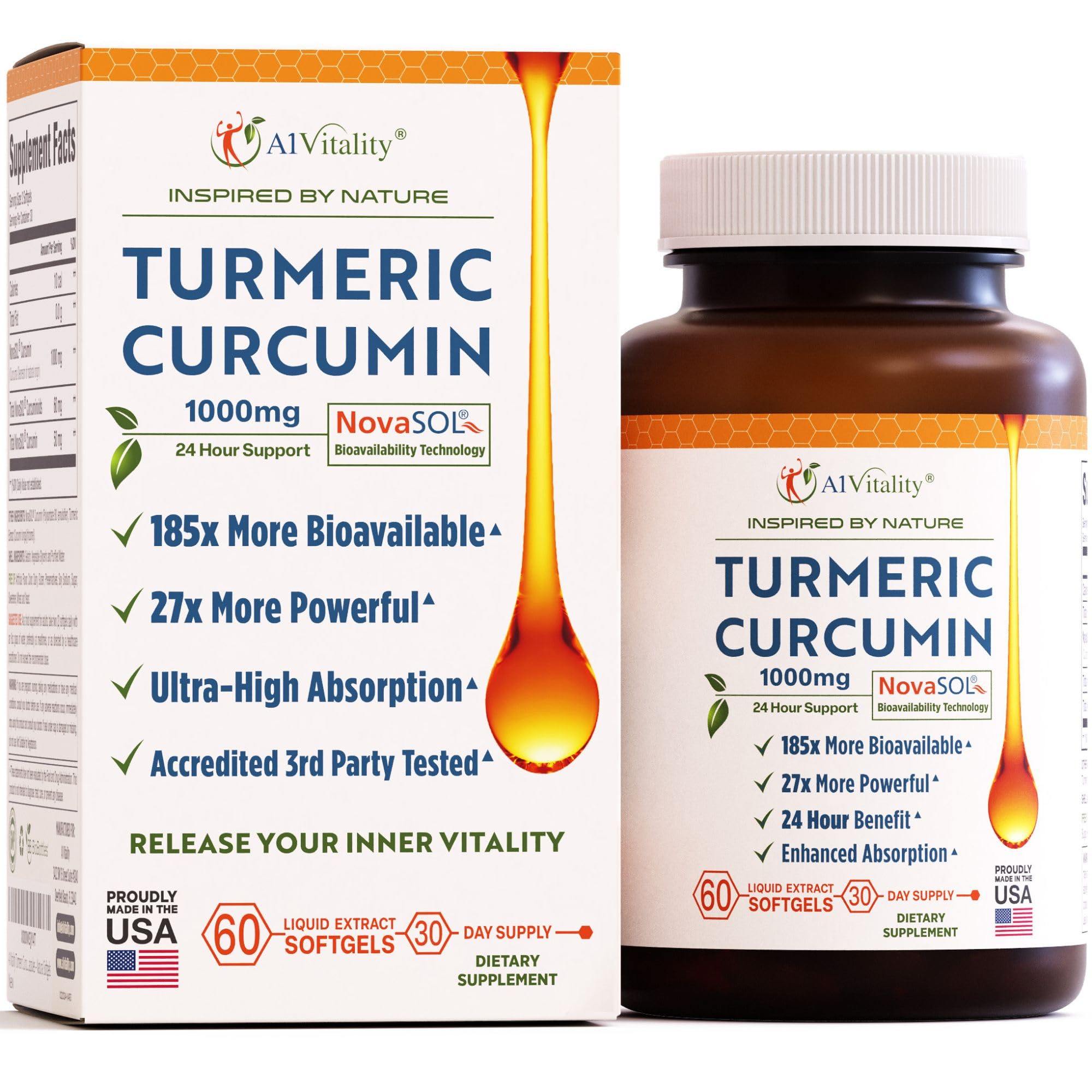 Product bottle of A1Vitality NovaSOL Turmeric Curcumin 1000mg