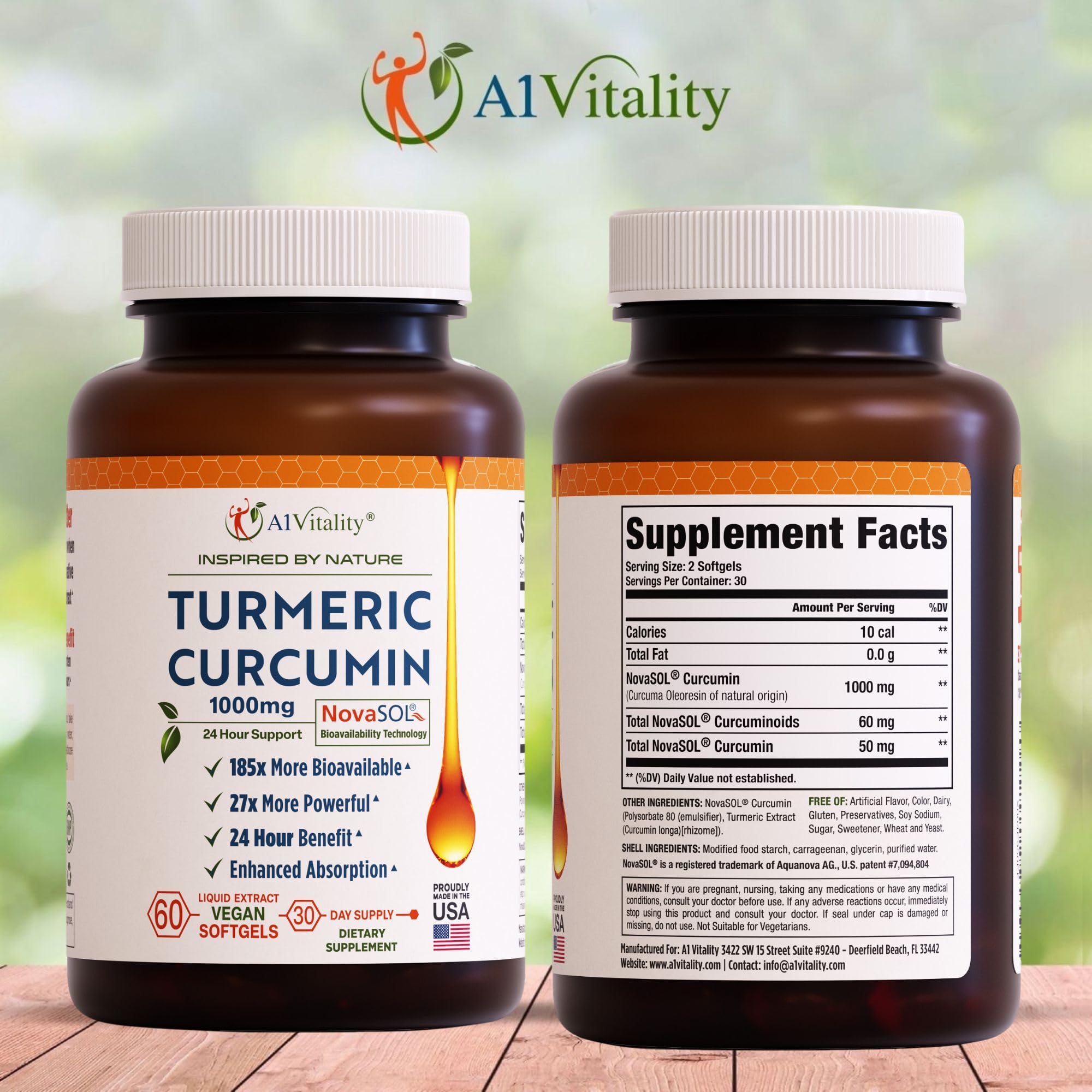 Close-up of A1Vitality NovaSOL Turmeric Curcumin 1000mg bottle label