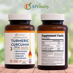 Close-up of A1Vitality NovaSOL Turmeric Curcumin 1000mg bottle label