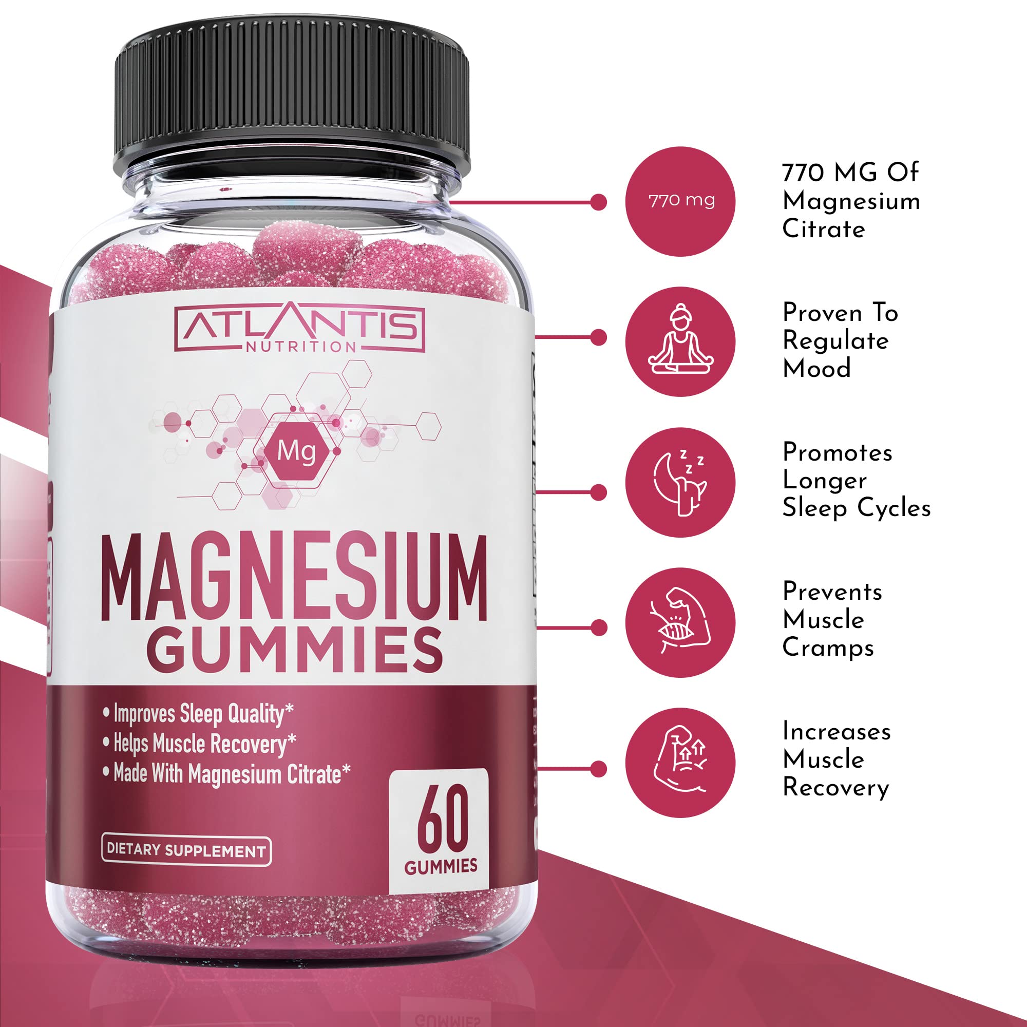 Close-up of Atlantis Nutrition Magnesium Citrate Gummies raspberry flavor