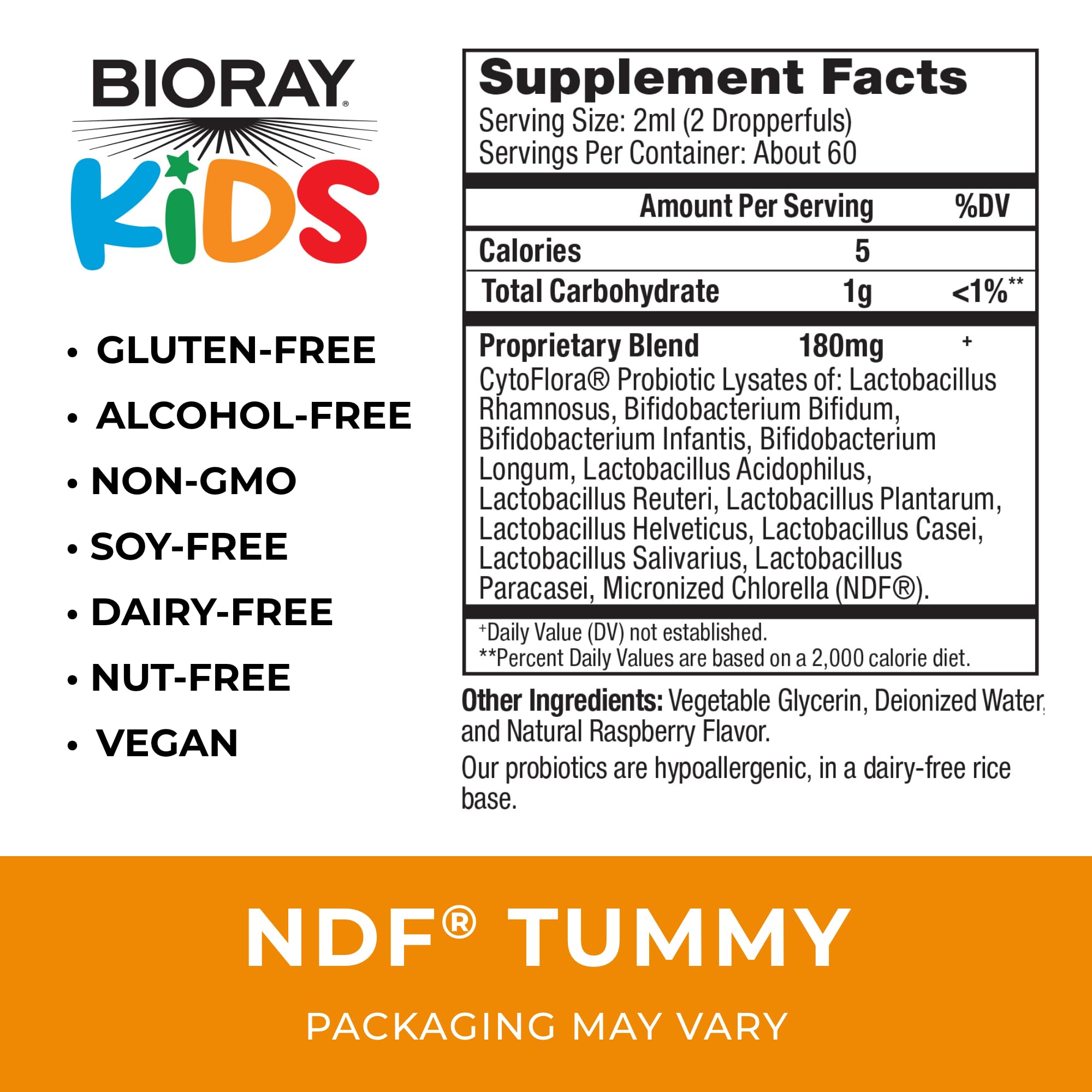 Close-up of ingredients and label on BIORAY Kids NDF Tummy Raspberry