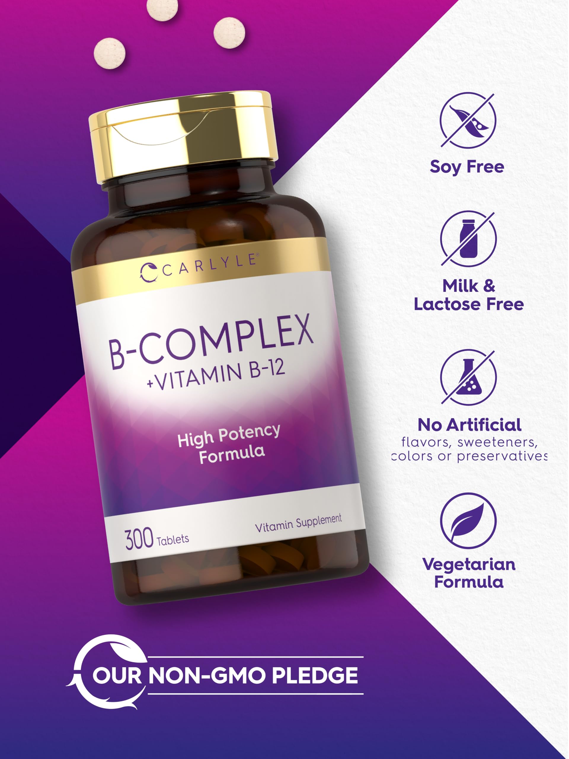 Non-GMO assurance seal on Carlyle B-Complex packaging