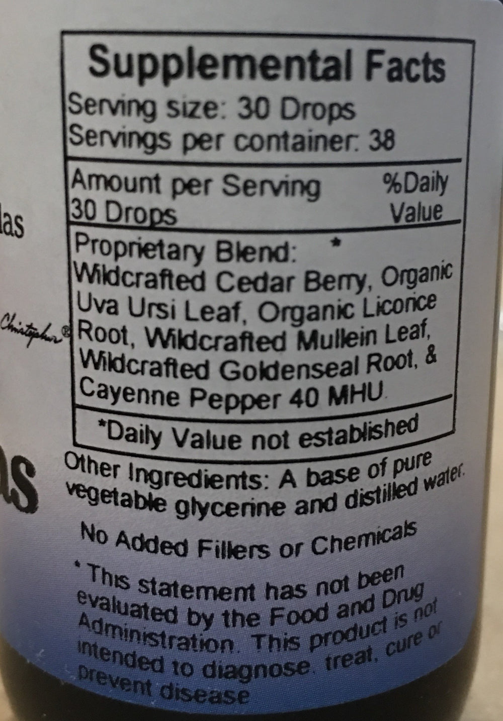 Ingredients: Wildcrafted Cedar Berry, Organic Uva Ursi Leaf, Organic Licorice Root, Wildcrafted Mullein Leaf, Cayenne Pepper 40 MHU, Wildcrafted Goldenseal Root
