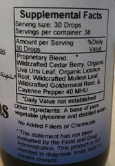 Ingredients: Wildcrafted Cedar Berry, Organic Uva Ursi Leaf, Organic Licorice Root, Wildcrafted Mullein Leaf, Cayenne Pepper 40 MHU, Wildcrafted Goldenseal Root