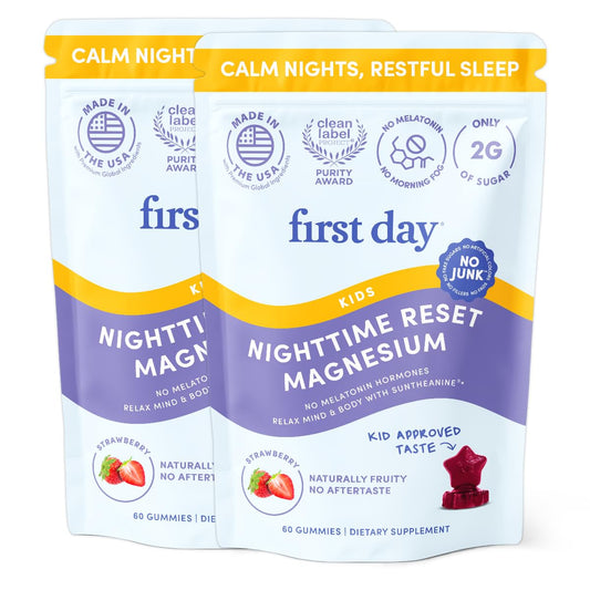 Front view of FIRST DAY Magnesium for Kids Gummies bottle – Strawberry flavor