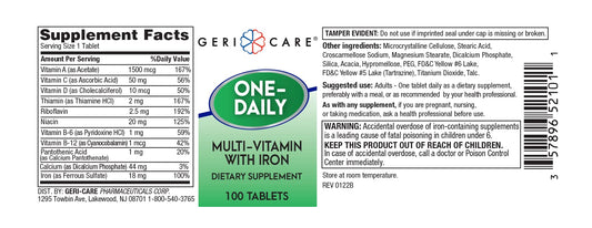 GeriCare label close-up showing iron and vitamin details