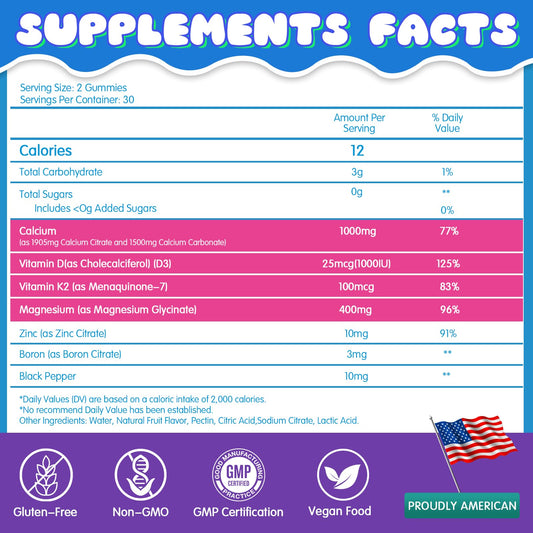 Berry-flavored sugar-free calcium citrate gummies with Vitamin D3 and K2