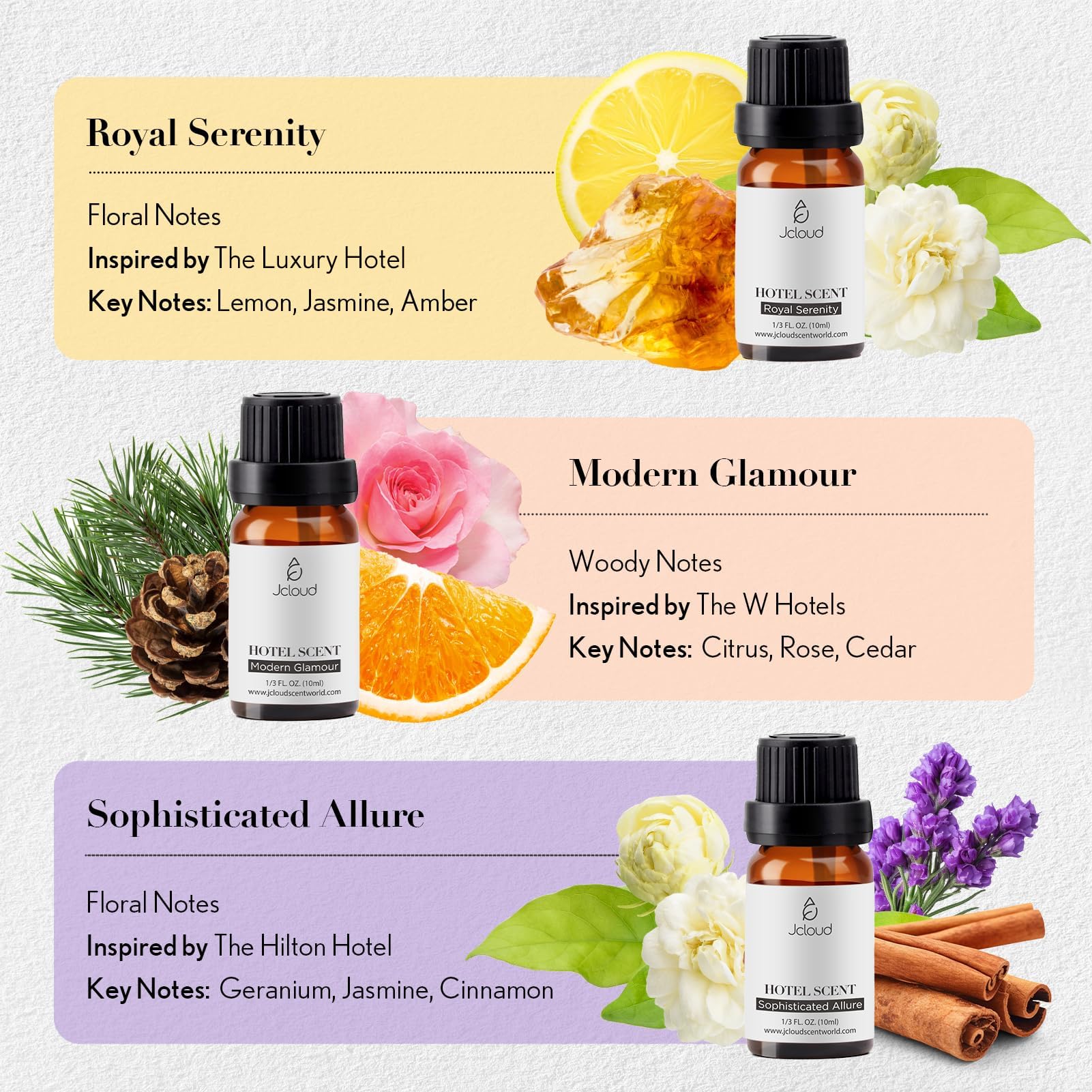 JCLOUD diffuser oil bottles displayed together