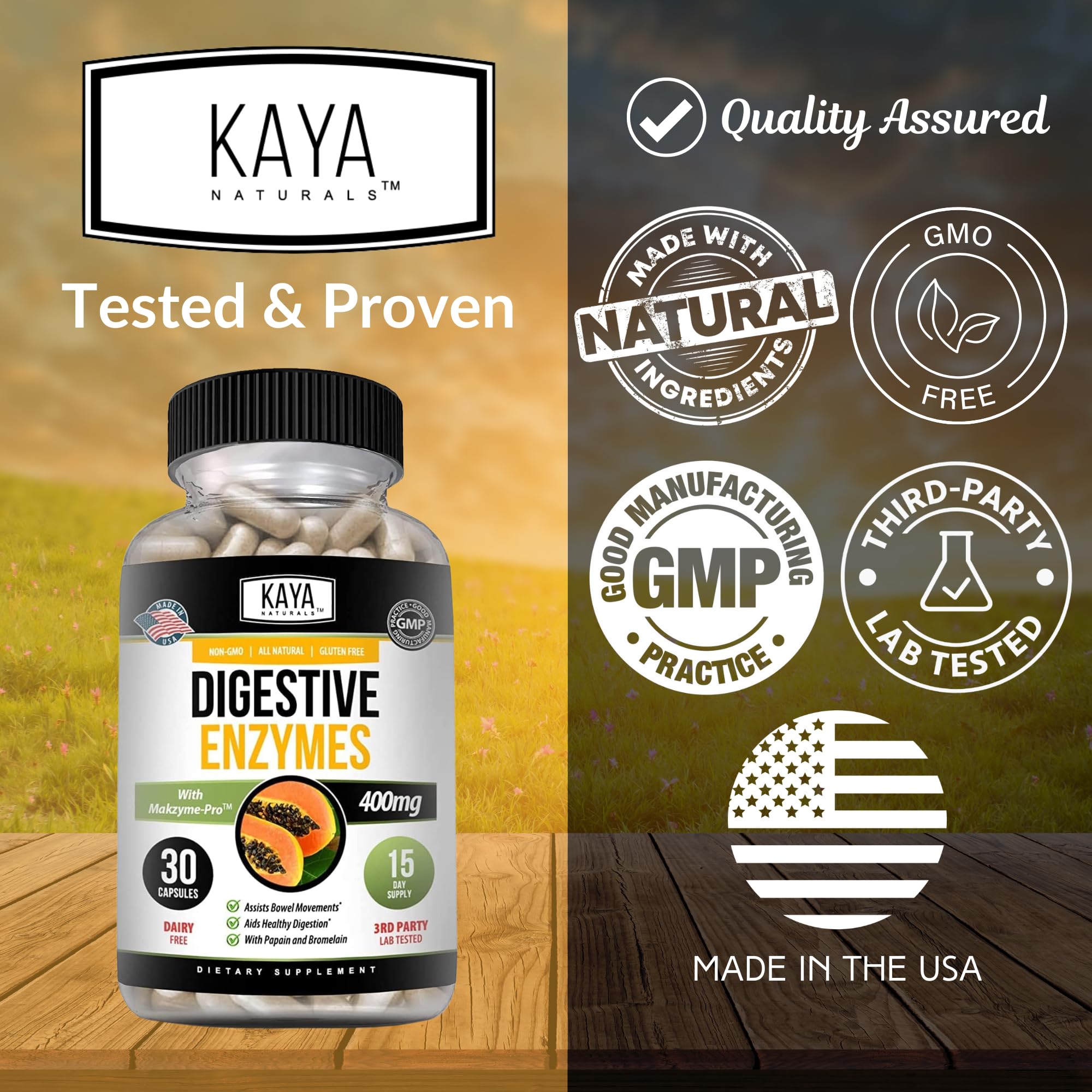 Lifestyle shot of Kaya Naturals supplements with healthy meal