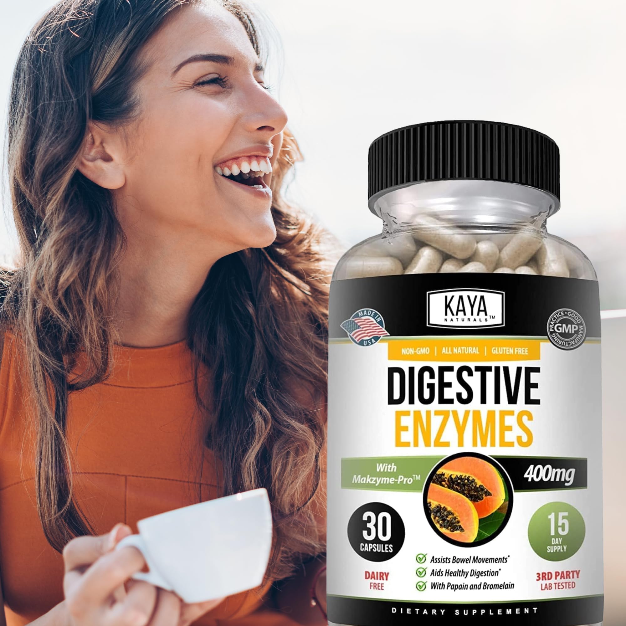 Kaya Naturals Digestive Enzymes packaging on wooden surface