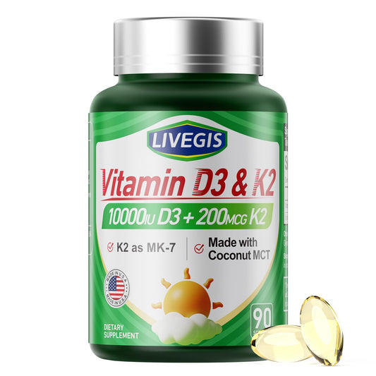 Bottle of LIVEGIS Vitamin D3 K2 softgels with coconut oil