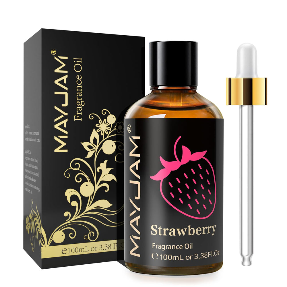 100ml amber glass bottle of MAYJAM Strawberry Fragrance Oil with glass dropper