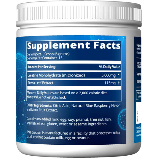 Close-up of blue raspberry creatine powder being scooped