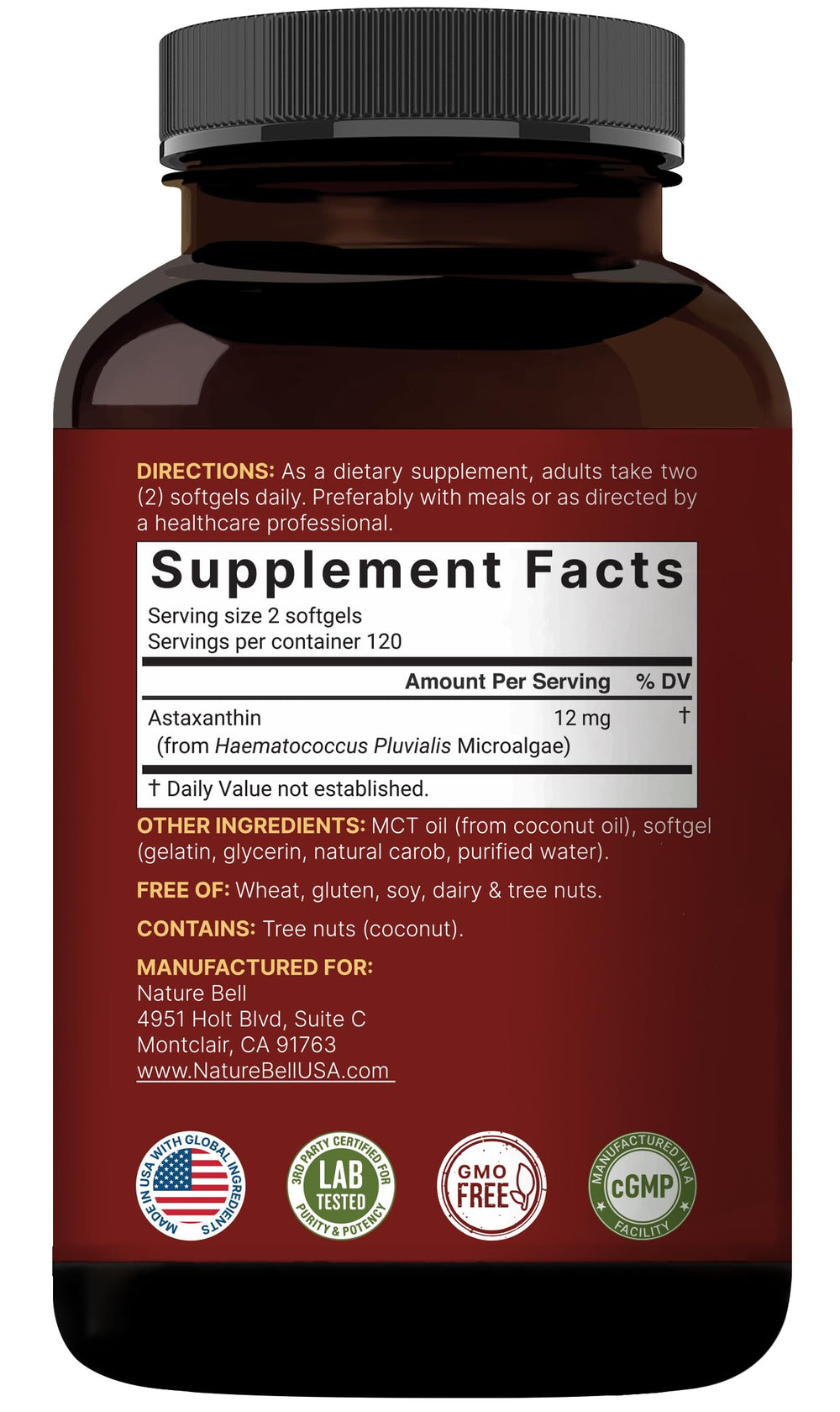 Non-GMO and gluten-free NatureBell Astaxanthin supplement label