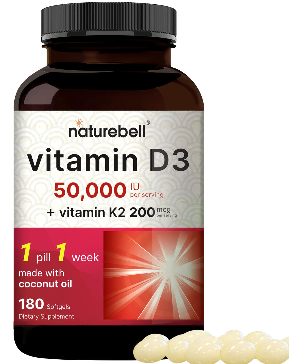 Main product image: NatureBell D3K2 50,000 IU 180 softgels bottle