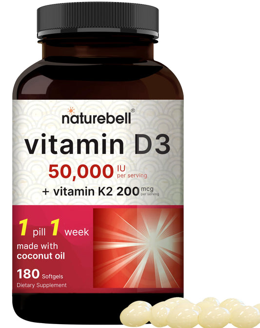 Main product image: NatureBell D3K2 50,000 IU 180 softgels bottle