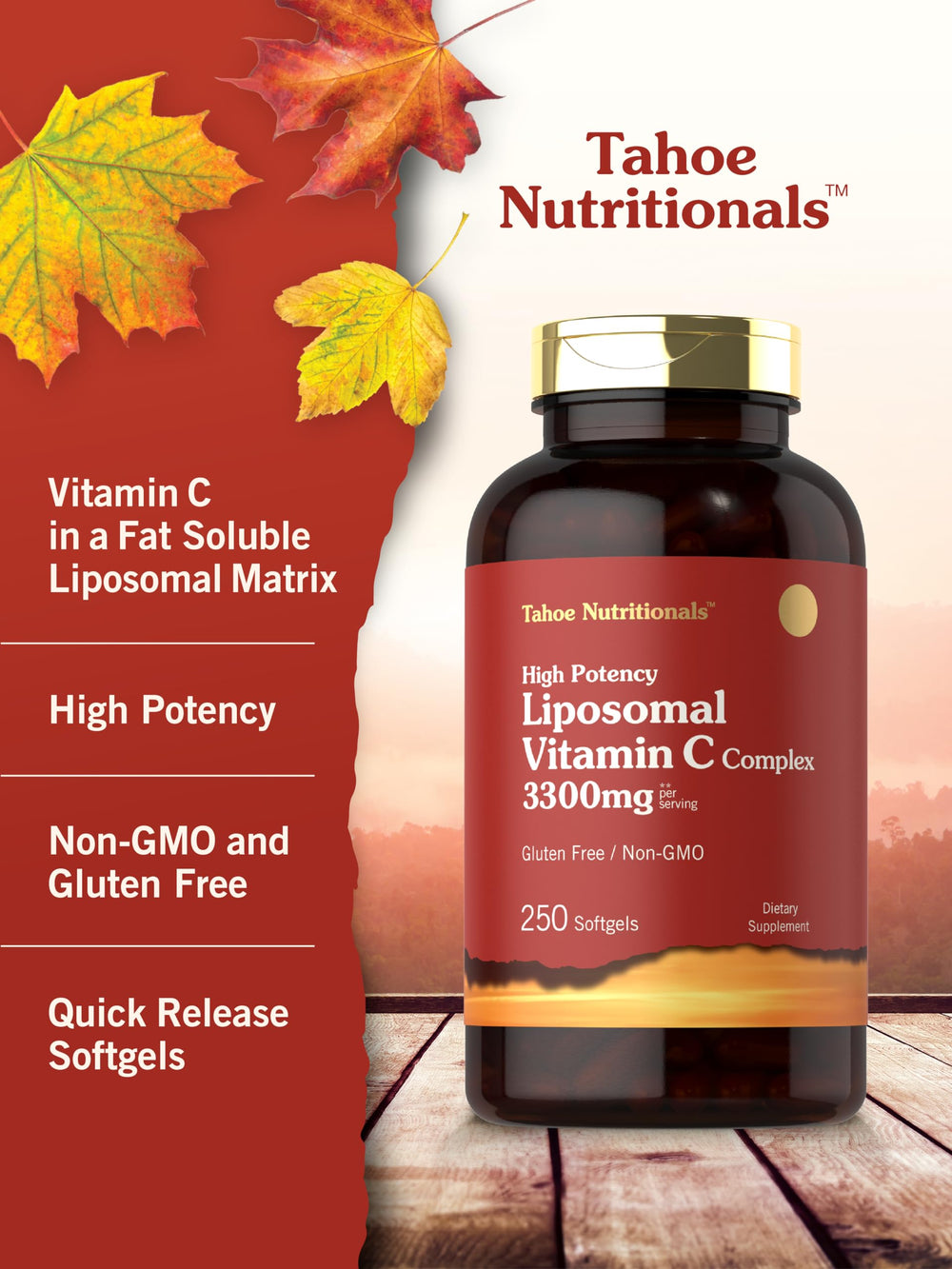 Gluten Free and Non-GMO seals on Tahoe Nutritionals Vitamin C product